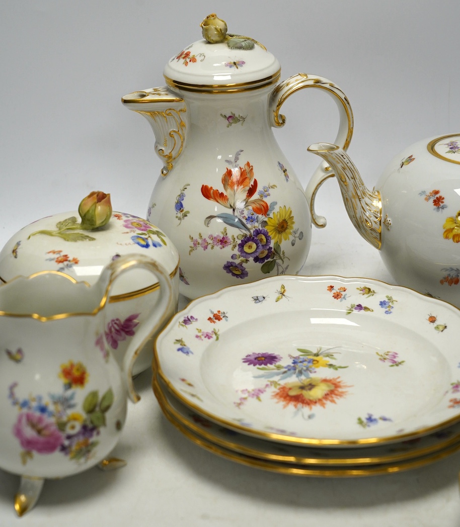 An early 20th century Meissen porcelain teaset, painted with insect and floral decoration, tallest 20cm. Condition - fair to good